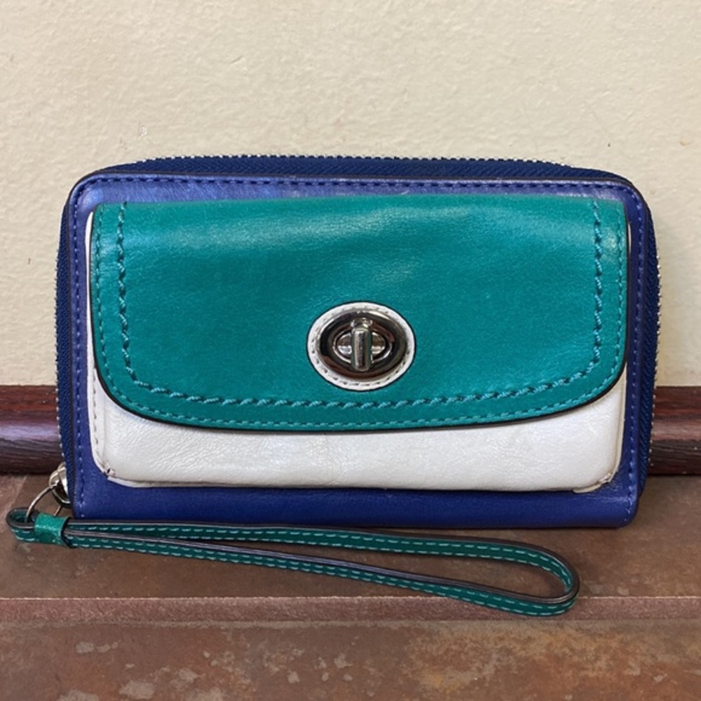 Coach Parker Tri-Color Leather Wristlet Wallet in Teal, White & Blue